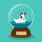 Penguin with spyglass on paper boat inside a crystal ball