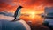 Penguin Standing With Ice Floating In The Sea At Sunset