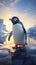 A penguin stands on a cliff with icebergs in the background. Generative AI