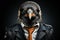 Penguin with sunglasses wearing leather jacket and tie on solid background. Generative AI