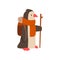 Penguin travelling with backpack and staff, cute cartoon bird having hiking adventure travel or camping trip vector