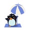 Penguin with Umbrella on the Iceberg. Vector Illustration