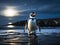 A penguin waddling on an icy shoreline under the moonlight