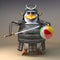 Penguin warrior samurai character in 3d holding a beach ball and katana sword, 3d illustration