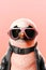 Penguin wearing pair of pink goggles and black leather belt. Generative AI