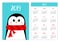 Penguin wearing red scarf. Merry Christmas. Simple pocket calendar layout 2019 new year. Week starts Sunday. Cartoon character.