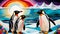 Penguins on the background of the rainbow. 3D illustration, AI generated.