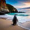 Penguins on the beach with sunset and sunrise backgrounds exposed to silhouette light