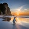 Penguins on the beach with sunset and sunrise backgrounds exposed to silhouette light