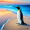 Penguins on the beach with sunset and sunrise backgrounds exposed to silhouette light