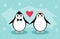 Penguins on a blue background. Valentine`s day concept. Animals flat illustration