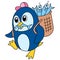 Penguins carry fish in a basket bag, doodle kawaii. doodle icon image