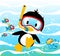 Penguins diving time with little friends, jellyfish, fishes, vector cartoon illustration