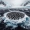 Penguins huddle in face of antarctic storm, on ice shelf