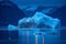 Penguins Huddling on Iceberg with Glacier in Background