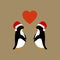 Penguins love each other, christmas hats christmas, vector illustration