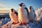 Penguins peaceful moment on icy shore, framed by colossal icebergs