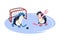Penguins playing hockey. Isolated characters in cartoon style. Winter sport. Fanny image of arctic bird