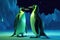 penguins stand on melting ice in Arctic Ocean at polar lights. Generative AI