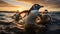 Penguins waddling on ice, enjoying sunset tranquil reflection generated by AI