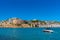 Peniscola Spain view of boat on blue Mediterranean sea