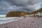 Pennan beach and village at low tide in September 2022. Aberdeenshire, Scotland, UK