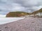 Pennan beach and village at low tide in September 2022. Aberdeenshire, Scotland, UK