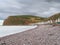 Pennan beach and village at low tide in September 2022. Aberdeenshire, Scotland, UK