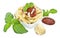 Penne in bowl decorated with fresh basil