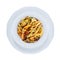 Penne pasta with grilled vegetables over white, with path