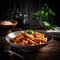 Penne pasta with tomato sauce on a black plate on black background. Traditional Italian pasta. Italian food