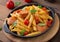 Penne pasta with tomato sauce with sausage, tomatoes, green basil decorated in a frying pan.