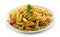 Penne, pesto sauce and vegetables