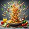 penne rigate italian dish with tomato and basil in fly splash effect macro photography shot