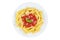 Penne Rigatoni Rigate isolated on a white background pasta top view meal from Italy lunch with tomato sauce on a plate