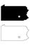 Pennsylvania PA state Map USA with Capital City Star at Harrisburg. Black silhouette and outline isolated on a white background.