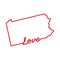 Pennsylvania US state red outline map with the handwritten LOVE word. Vector illustration