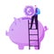 Pension Fund Savings, Insurance. Tiny Elderly Man Stand on Ladder Put Huge Coin to Piggy Bank