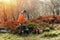 pensioner in orange coat with English bulldogs in forest, going for a walk in Peak District on sunny worm  day. Dog