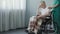 Pensioner sitting in wheelchair, male nurse supporting old patient at clinic