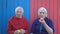 Pensioners on eco wooden background.