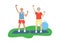 Pensioners man and woman do sports, do exercises, retirement activity, fitness for the elderly. Vector flat illustration