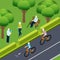 Pensioners during outdoor activity bicycle riding fitness and lonely elderly man sitting on bench isometric vector illustration