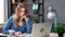 Pensive blonde woman tired overworked weary working use laptop at modern home office workplace