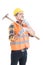 Pensive engineer or constructor with shovel on his shoulder