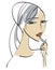 Pensive girl presses her index finger to her lips.  Line drawing. Isolated on a white background