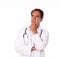 Pensive hispanic doctor with stethoscope standing
