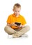 Pensive kid boy sitting with tablet pc or phablet isolated