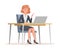Pensive Office Woman in Suit at Desk with Laptop Engaged in Workflow Vector Illustration