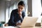 Pensive thoughtful indian businesswoman prepare report working on laptop